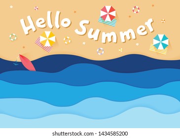 Hello summer. Top view of sea waves and beach, paper art cartoon. Vector illustration