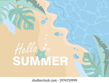 Hello summer. Top view of the seashore, beach with green palm leaves and ocean. Flat vector summer illustration