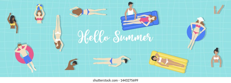Hello Summer, Top view Swimming pool vector illustration