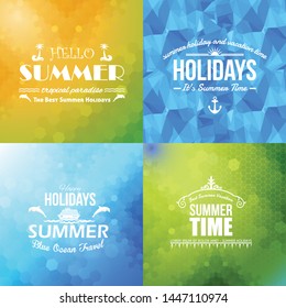 Hello Summer, Travel Badge and Web Banner Vector Flat Design, Low Poly Background Collection