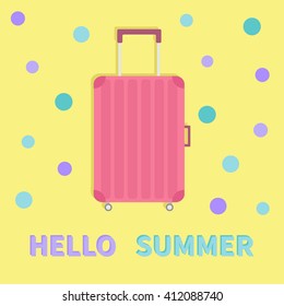Hello summer. Travel bag suitcase baggage.  Pink luggage handbag wheel handle Summer vacation planning Travelling tourism. Passenger luggage case Flat design Yellow background Greeting card Vector