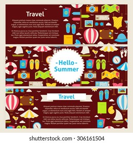 Hello Summer and Travel Concept Vector Template Banners Set. Summer Holidays and Vacation. Design Vector Illustration of Brand Identity for Beach Resort Lifestyle. Colorful Pattern for Advertising