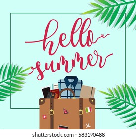 Hello Summer travel luggage with tropical background