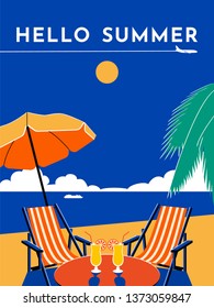 Hello Summer travel poster. Sunny day, beach, sea, umbrella, chair, chaise longue, cocktail, palm tree, plane, sky, cruise liner. Vector flat illustration. 