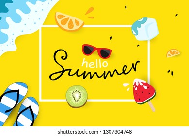 Hello summer, travel seasonal holiday vacation, greeting card, poster, sales tag advertisement, colorful background vector illustration
