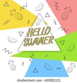 Hello summer travel. The trend calligraphy . Vector illustration of coconuts and watermelons on a color background. Summertime concept.