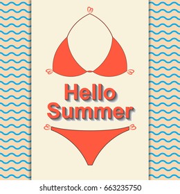 Hello summer travel. The trend calligraphy .Stylish red Women's swimsuit on a light background. Summertime concept.