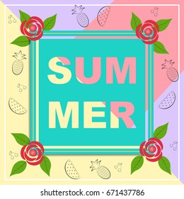 Hello summer travel. The trend calligraphy . Vector illustration of coconuts and watermelons on a color background. Summertime concept.
