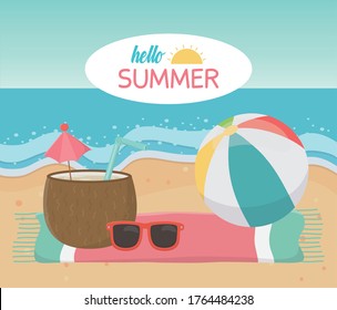 hello summer travel and vacation beach ball coconut cocktail sunglasses towel in beach sea vector illustration
