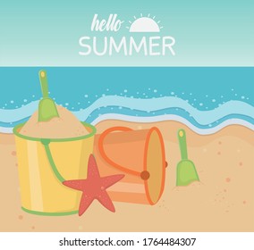 hello summer travel and vacation sand bucket shovel starfish beach sea vector illustration