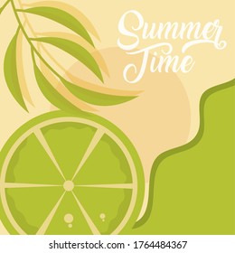 hello summer travel and vacation season, slice lemon beach sea leaves, lettering text vector illustration
