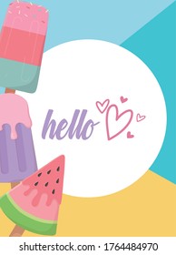 hello summer travel and vacation watermelon ice cream in sticks badge vector illustration