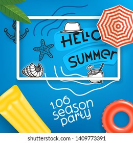 Hola verano. Concepto de vector de viaje con marco blanco