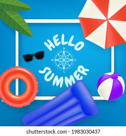 Hello summer. Travel vector concept with white frame