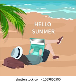 Hello summer. Traveler freelancer on sand beach near the sea. Vector illustration. Summer background.