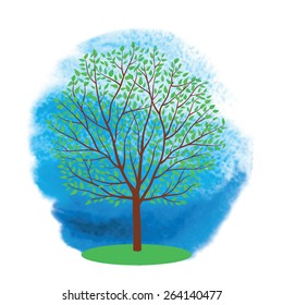 Hello summer. Summer tree on a blue watercolor background. Vector illustration.