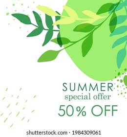 Hello Summer. Trendy abstract art templates. Suitable for social media posts, mobile apps, banners design. Vector fashion backgrounds. Leaves and plants. Summer holidays. Summer sales