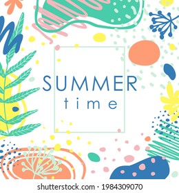 Hello Summer. Trendy abstract art templates. Suitable for social media posts, mobile apps, banners design. Vector fashion backgrounds. Leaves and plants. Summer holidays. Summer sales