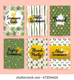 Hello Summer Trendy Brochures. Vector Illustration of 80s Style Poster Design with Handwritten Lettering.