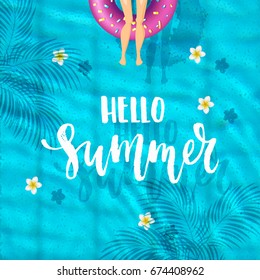 hello summer - trendy hand lettering poster. Hand drawn calligraphy. The girl in a bathing suit sunbathes. pool top view,  inflatable swim ring in shape of donut in the pool 