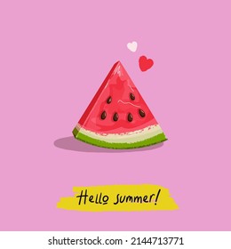 Hello Summer trendy poster, card, web or social media banner in modern art style with hand drawn watermelon on soft pink background and text Hello Summer. Watermelon vector illustration. 