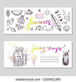 Hello Summer trendy vector banners with hand drawn illustrations and handwritten calligraphy.