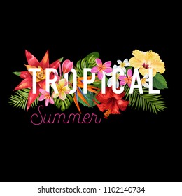 Hello Summer Tropic Design. Tropical Hibiskus Flowers Background for Poster, Sale Banner, Placard, Flyer. Floral Vintage Composition. Vector illustration