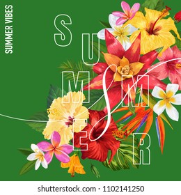 Hello Summer Tropic Design. Tropical Hibiscus Flowers Background for Poster, Sale Banner, Placard, Flyer. Floral Vintage Composition. Vector illustration