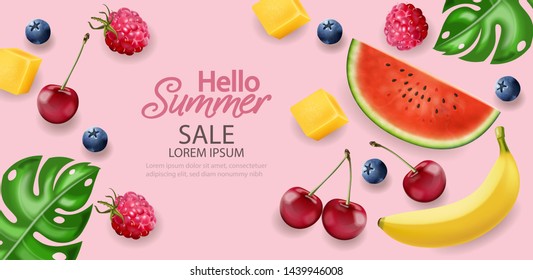 Hello summer tropic fruits banner Vector realistic. Watermelon, cherry, bluberries detailed 3d background