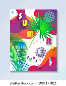 Hello Summer tropical abstract composition geometric dynamic colorful bubbles shapes, modern bright palm leafs, design template. Festival, Carnival, Attraction, kids, sport, camp flyers travel concept