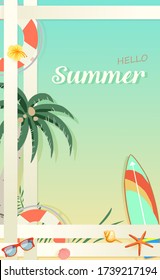 Hello Summer tropical aquamarine and yellow sand pastel color background with paper weaving concept. For Label summer sale, template, banner, billboard