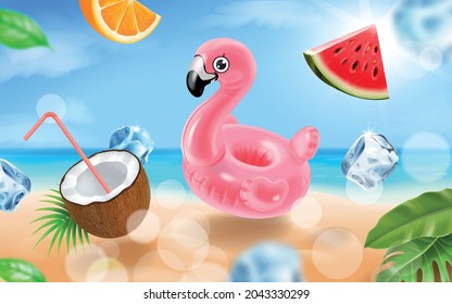Hello Summer tropical background Ocean, Flamingo inflatable toy, watermelon, palm trees Paradise Island realistic illustratuion vector