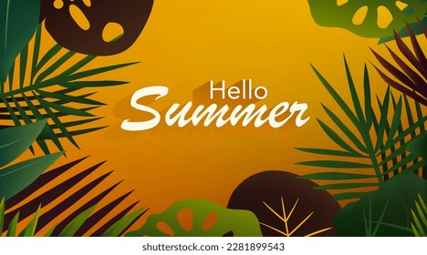 Hola verano. Fondo tropical con hojas de palma y hoja de planta de monstera. Afiche moderno de colores vivos. Ilustración vectorial para banner web