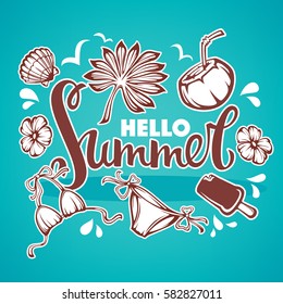 Hello Summer,  tropical background with palm leaves, flowers, plants swimsuit ,ice cream and lettering composition