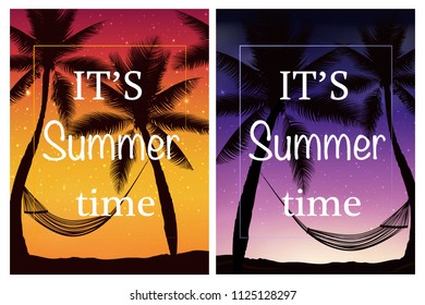 Hello summer. Tropical summer background with with palms, sky and sunset. Summer placard poster flyer invitation card. Summer time. Colorful vector illustration for banners, Wallpapers, flyers.