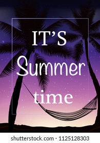 Hello summer. Tropical summer background with with palms, sky and sunset. Summer placard poster flyer invitation card. Summer time. Colorful vector illustration for banners, Wallpapers, flyers.
