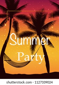 Hello summer. Tropical summer background with with palms, sky and sunset. Summer placard poster flyer invitation card. Summertime. Colorful vector illustration for banners, Wallpapers, flyers, invitat