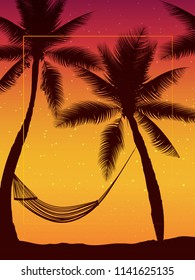 Hello summer. Tropical summer background with with palms, sky and sunset. Summer placard poster flyer invitation card. Summer time. Colorful vector illustration for banners, Wallpapers, flyers.