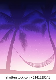 Hello summer. Tropical summer background with with palms, sky and sunset. Summer placard poster flyer invitation card. Summer time. Colorful vector illustration for banners, Wallpapers, flyers.