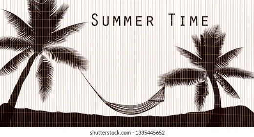 Hello summer. Tropical summer background with with palms, sky and sunset. Summer placard poster flyer invitation card. Summer time. Colorful vector illustration for banners, Wallpapers, flyers.