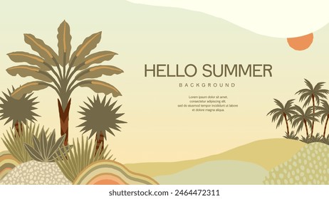 Hello Summer tropical background with palms and sun. Exotic botanical design for hotel, spa, travel agency	
