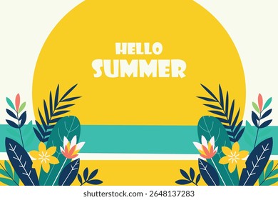 Hello Summer Tropical Background Vector. Bright summer background with tropical leaves and flowers, perfect for seasonal banners, vacation ads, and holiday promotions.