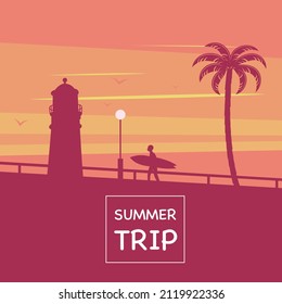 Hello Summer tropical backgrounds with palms, sky and sunset. Summer ,Surfboad, Enjoying Beach Vacation.Palms and Mountains  Vector Illustration vintage poster baner isolated
