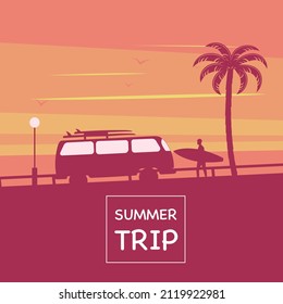 Hello Summer  tropical backgrounds with palms, sky and bus. Summer ,Surfboad, Enjoying Beach Vacation.Palms and Mountains  Vector Illustration vintage poster baner isolated.