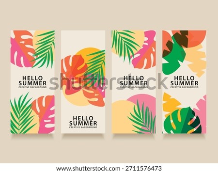 Hello Summer tropical banner set with palm and monstera leaves