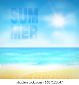 Adiós verano. Fondo tropical de playa con arena amarilla, océano azul y cielo. Plantilla de diseño para banner, afiche o folleto de fiesta. Concepto de vacaciones o paraíso. Ilustración vectorial.