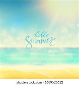 Hello summer. Tropical beach background with yellow sand, blue ocean and sky. Design template for banner, poster or party flyer. Vacation or paradise concept. Vector illustration.