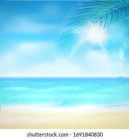 Hello summer. Tropical beach background with yellow sand, blue ocean and sky. Design template for banner, poster or party flyer. Vacation or paradise concept. Vector illustration.