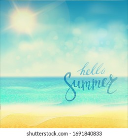 Hello summer. Tropical beach background with yellow sand, blue ocean and sky. Design template for banner, poster or party flyer. Vacation or paradise concept. Vector illustration.