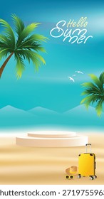 Hello Summer tropical beach background with palm trees, blue sky, sandy shore and empty podium. Travel vacation concept with suitcase, hat and sunglasses illustration.